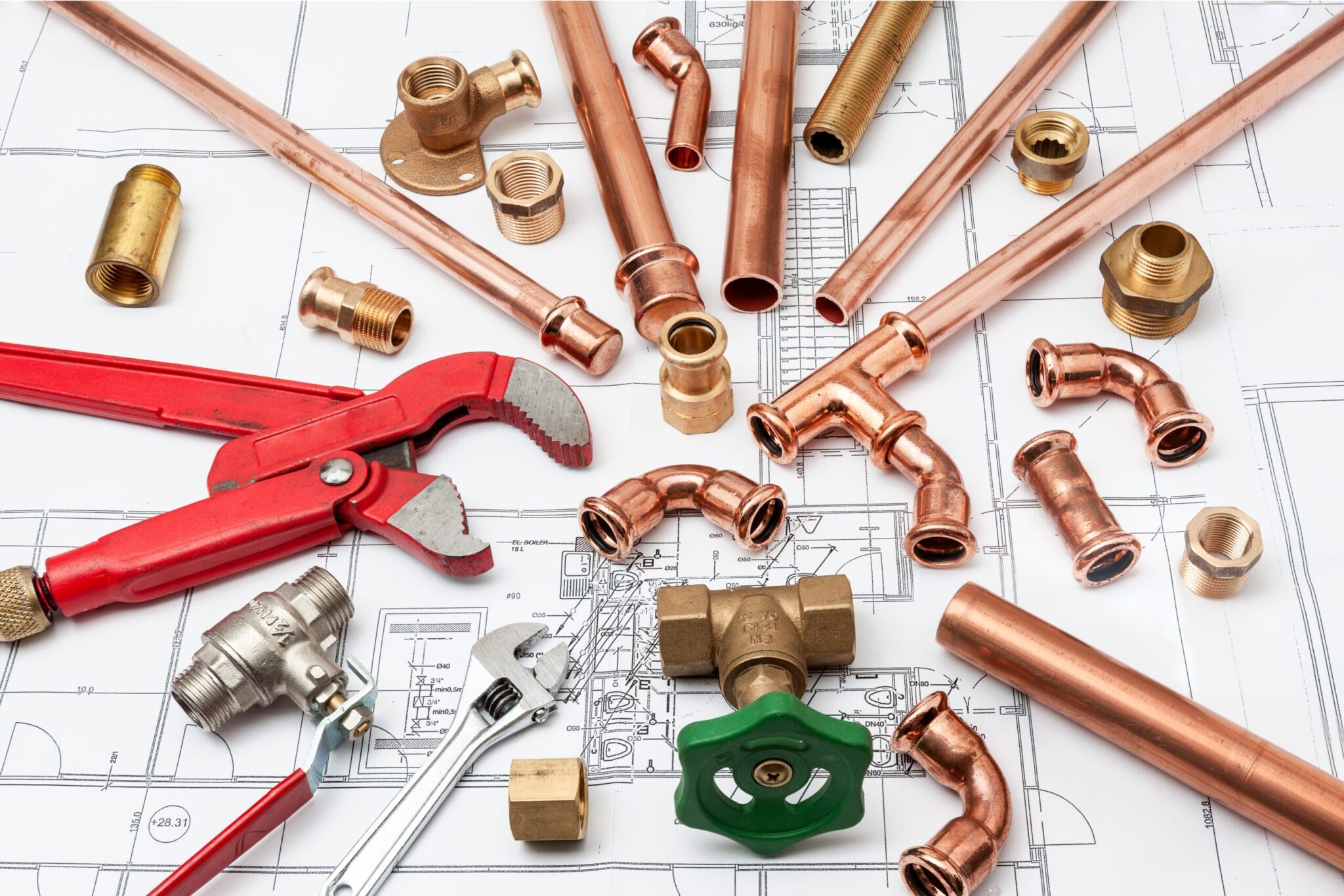 Copper pipes, fittings, valves, and plumbing tools in Holly Springs