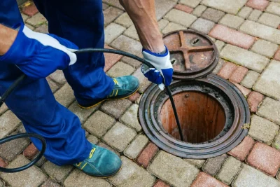 Plumber cleaning an outdoor sewer drain in Holly Springs