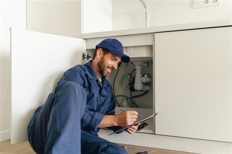 Residential plumber reviewing plumbing repairs in a Holly Springs kitchen