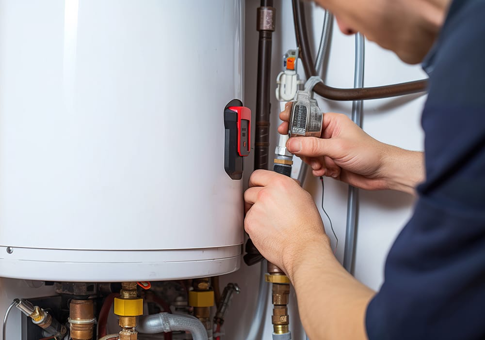 Technician repairing pipes connected to a water heater in Holly Springs